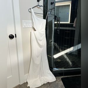 One Shoulder White Dress with Cut Out & Slit